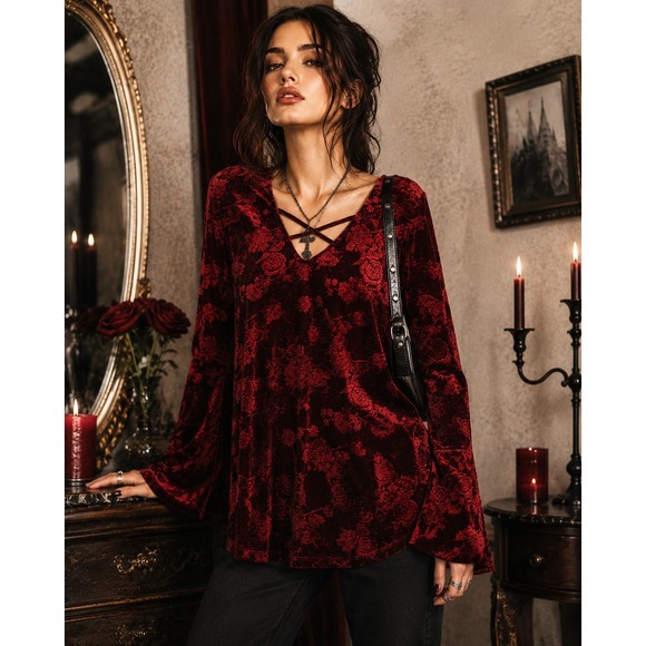 BloomChic Tops - Red Velvet Flare Sleeve Top Size 10 Floral Rose V Neck Vamp Whimsigoth Cutout